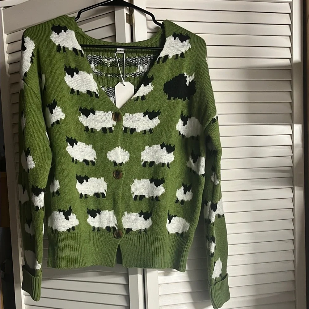 Green Sheep Pattern V-Neck Cardigan Sweater - Picture 2 of 8